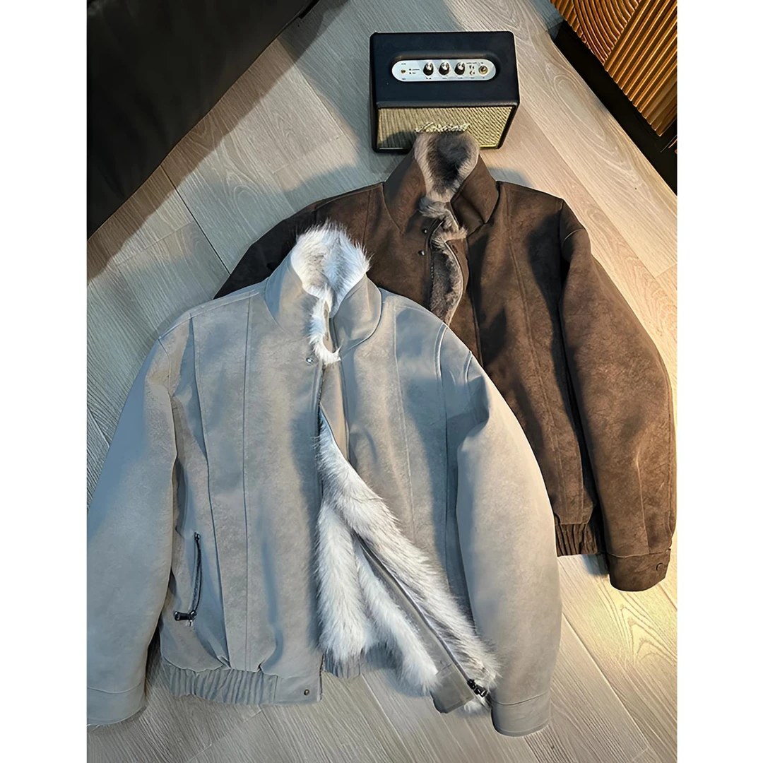 加绒加厚座山雕皮衣外套男款秋冬美式复古高街翻领棉衣高级感夹克