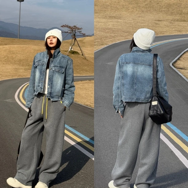 Aila｜翻领不规则水洗牛仔短款韩版羽绒外套复古休闲时尚宽松秋冬