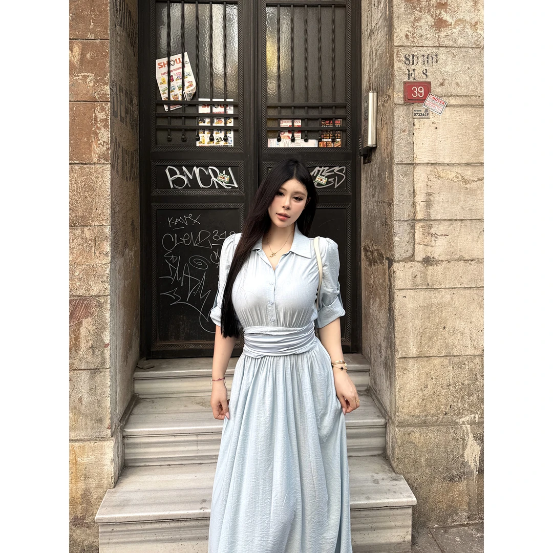 黑泽玄七白昼女主夏季大码显瘦收腰法式修身双面料连衣裙女