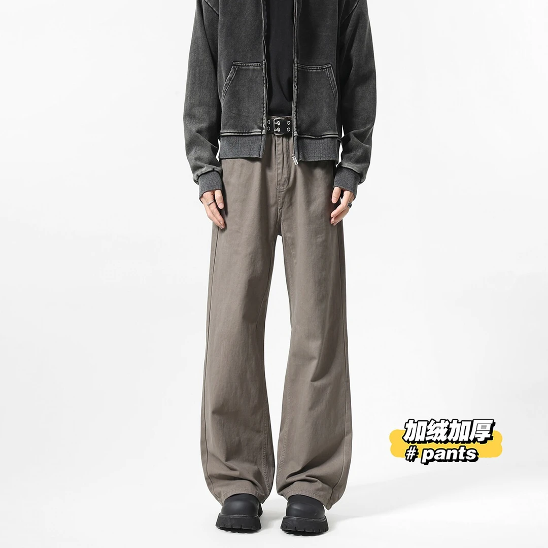 美式cleanfit休闲裤子男秋冬加绒加厚复古宽松拖地长裤直筒阔腿裤