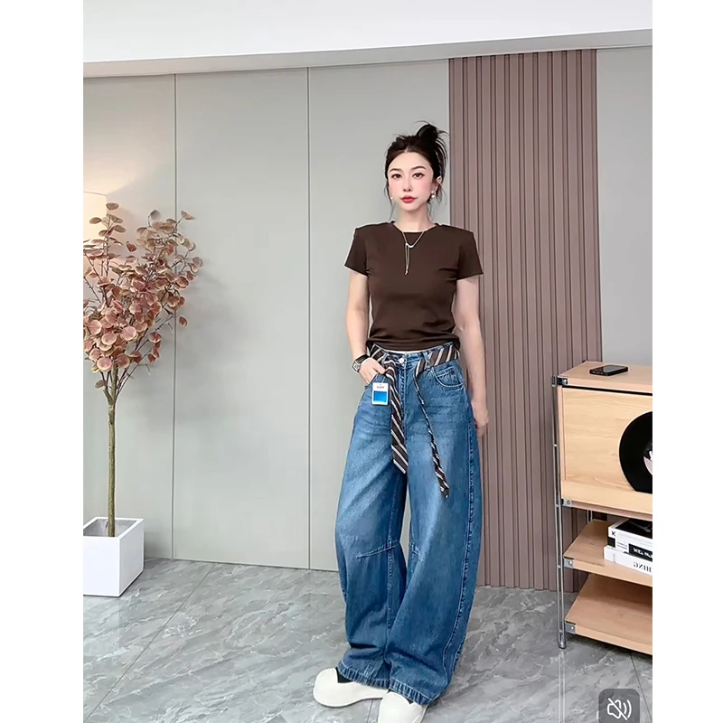 欧货秋季高腰复古蓝领带腰小众设计牛仔弯刀裤欧货时尚阔腿长裤女
