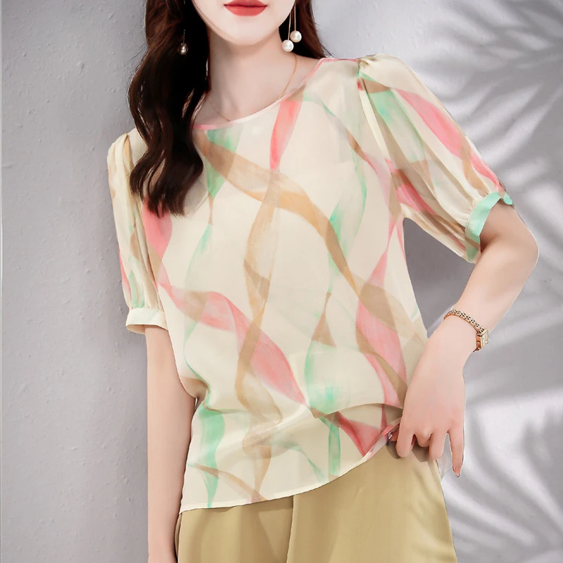 断码清仓！真丝印花圆领桑蚕丝T恤短袖简约百搭