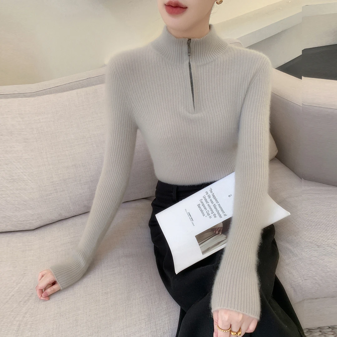 经典百搭秋冬羊绒衫女半高领拉链纯色针织衫修身内搭打底衫毛衣
