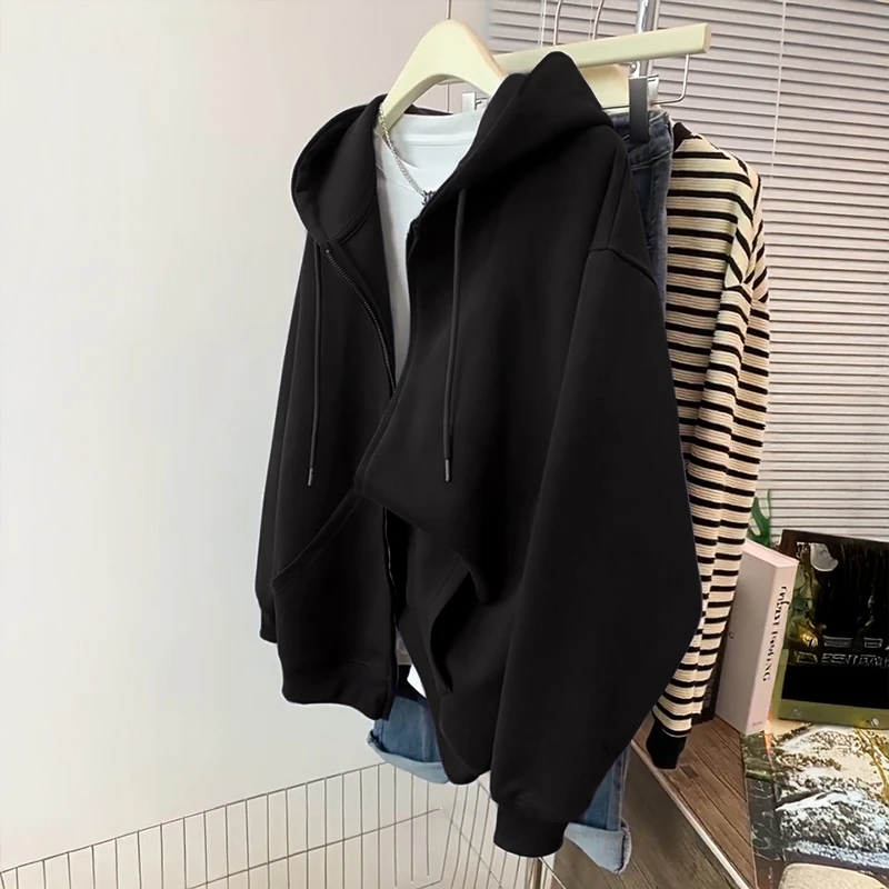 早秋超火外套秋冬季黑色连帽加绒卫衣女2025新款爆款宽松开衫上衣