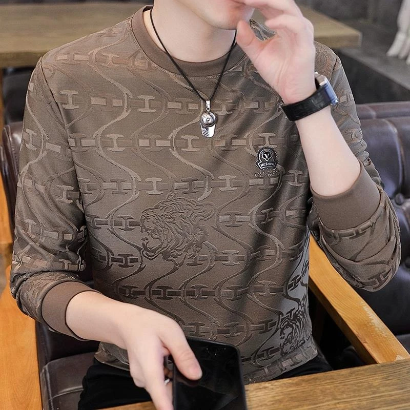 桑蚕丝长袖t恤男春季2025新款潮流烫钻修身薄款男士圆领休闲卫衣