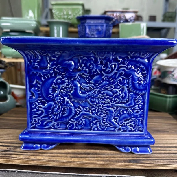 【直播浮力852】20*20*15cm陶瓷石湾款浮雕冰裂双龙大四方绿植花盆