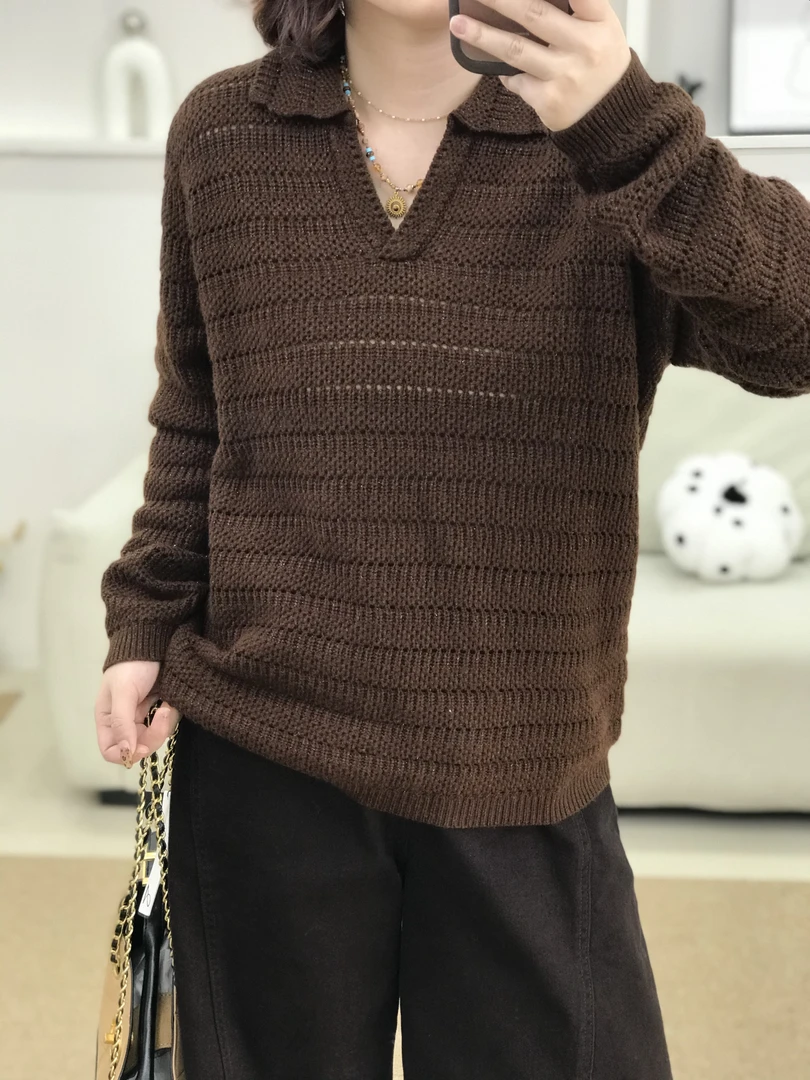 {莹莹推荐}65775秋季大码女装镂空针织V领小衫打底T恤