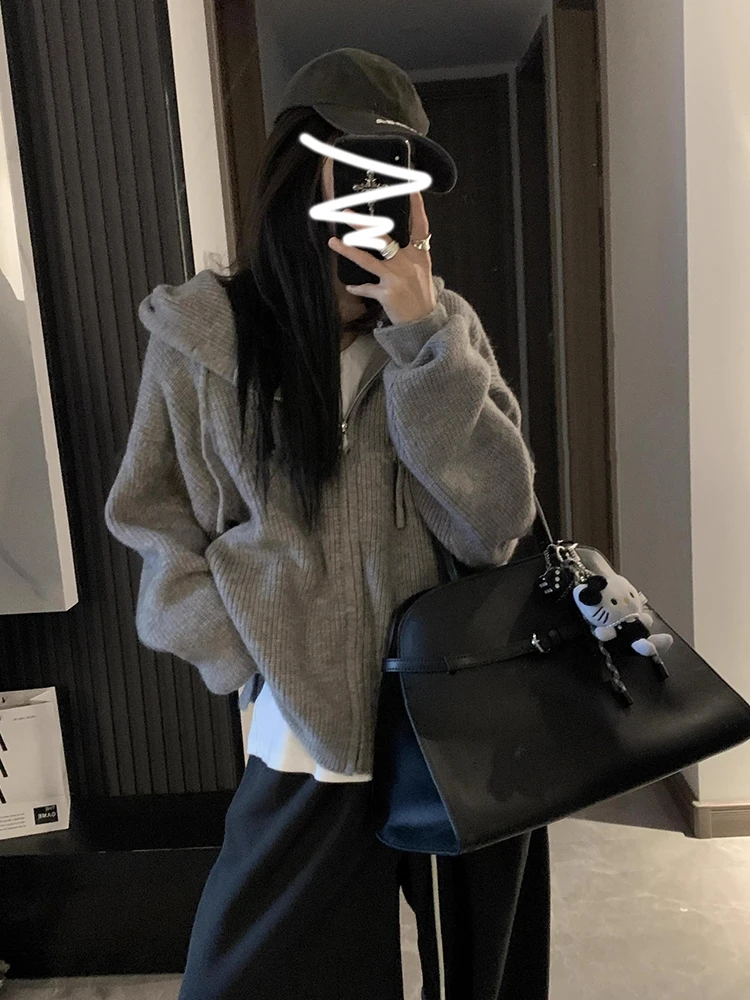 【现货】韩系连帽拉链毛衣女秋新款内搭慵懒高级感针织开衫卫衣外套