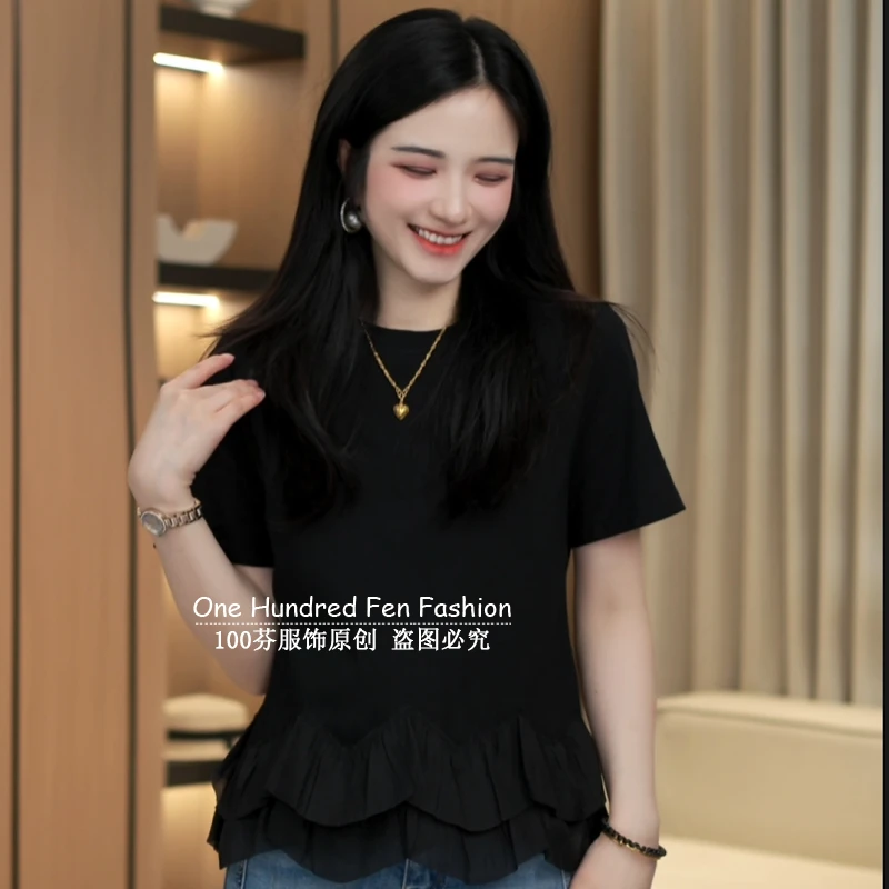 2025夏季新款圆领荷叶边拼接短袖t恤时尚洋气宽松遮肚子减龄上衣