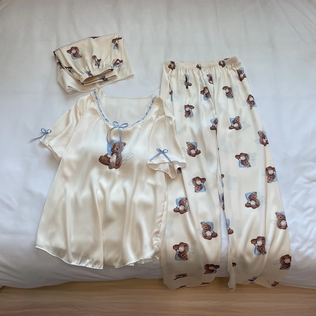 冰丝睡衣女士夏季三件套装薄款2025新款小熊网红风短袖甜美家居服