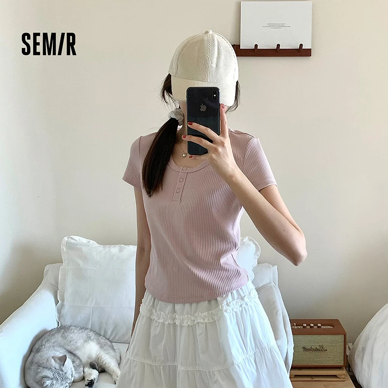 森马短袖T恤女短款小性感亨利领气质2025夏新款纯色修身上衣百搭