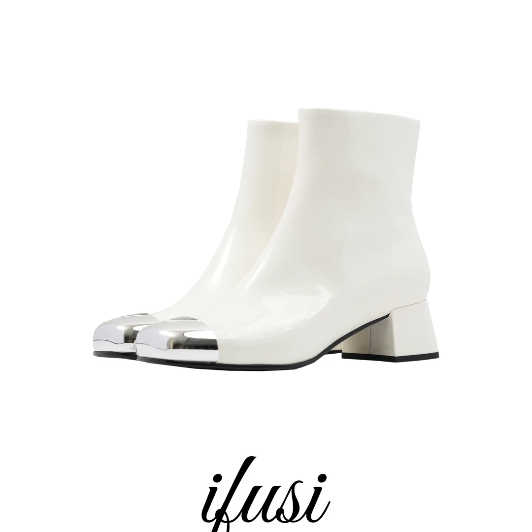 【断码特价】极简设计漆皮拼接金属头轻奢粗跟短靴 2378-1