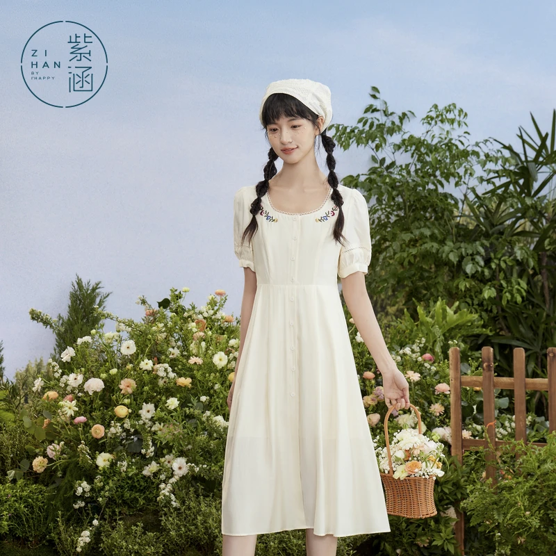 紫涵圆领短袖连衣裙夏季新款森系薄款收腰A字中长裙子Z4Z03AN033