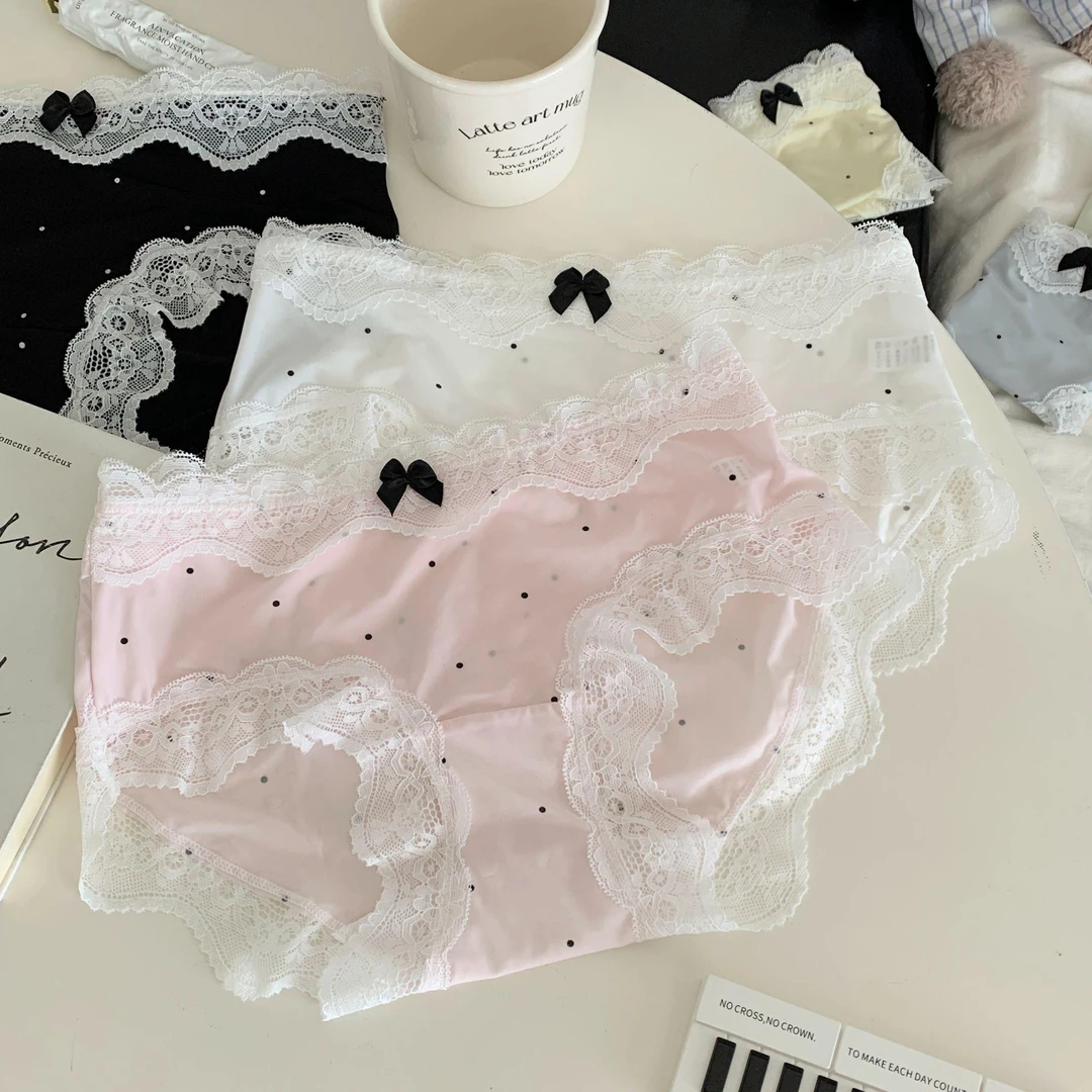 【3条装】夏日波点冰丝加长裆甜美风内裤女蕾丝花边透气低腰三角裤