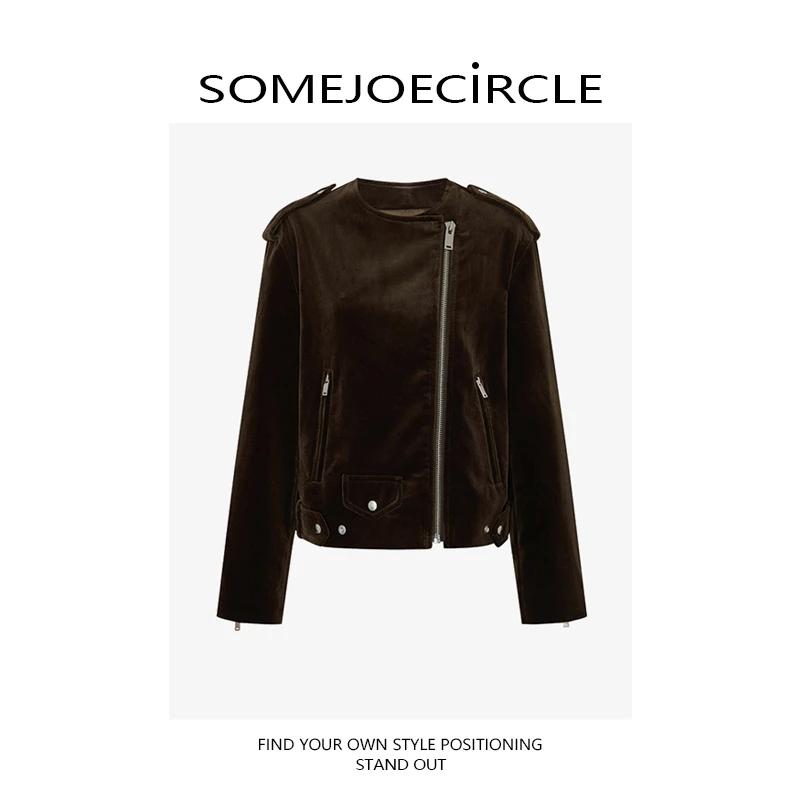 SOMEJOECIRCLE【风丝绒】25新品复古机车光泽感褐绿色夹克外套Z7879