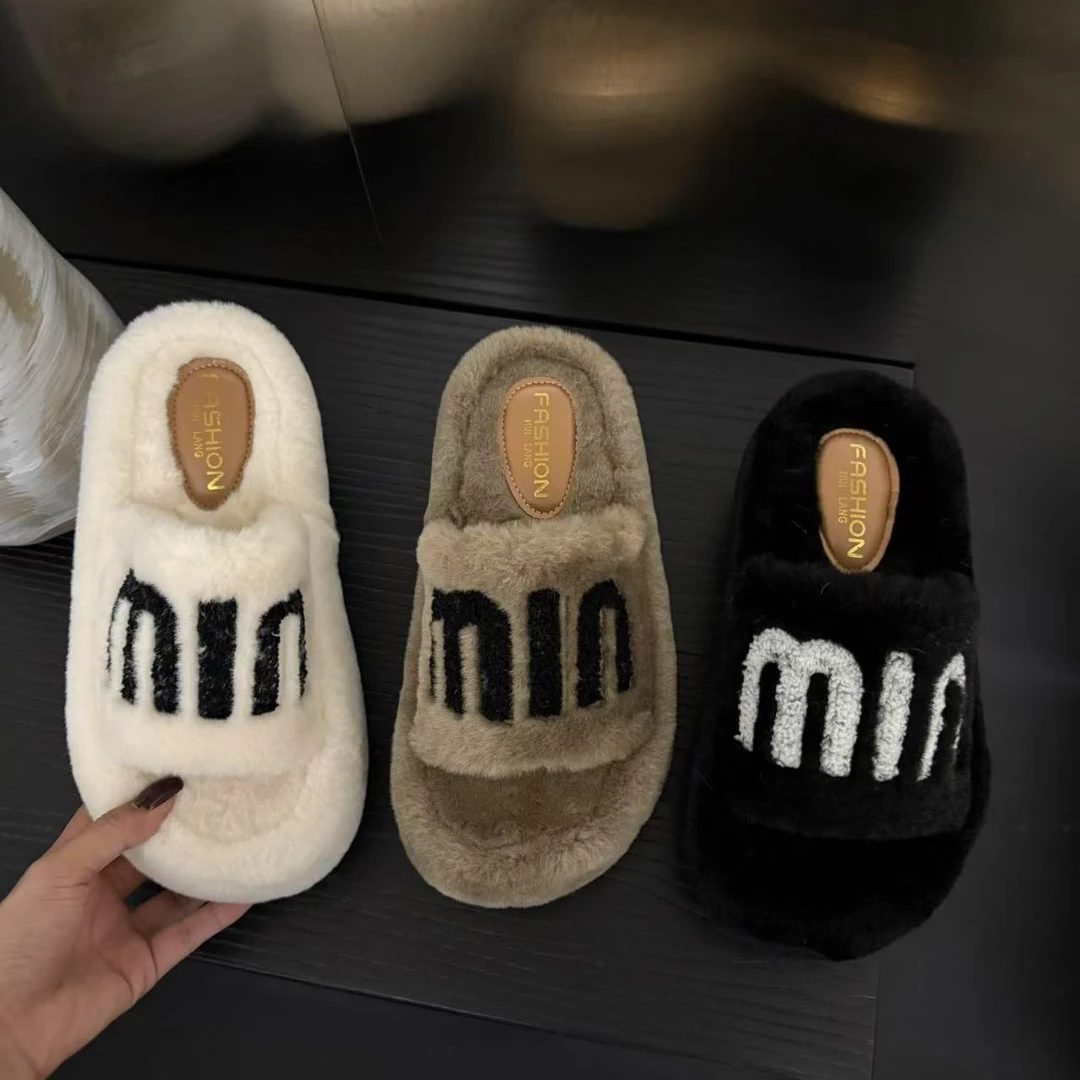 2025年秋新款时尚百搭刺绣字母气质设计款厚底增高外穿女毛毛拖鞋