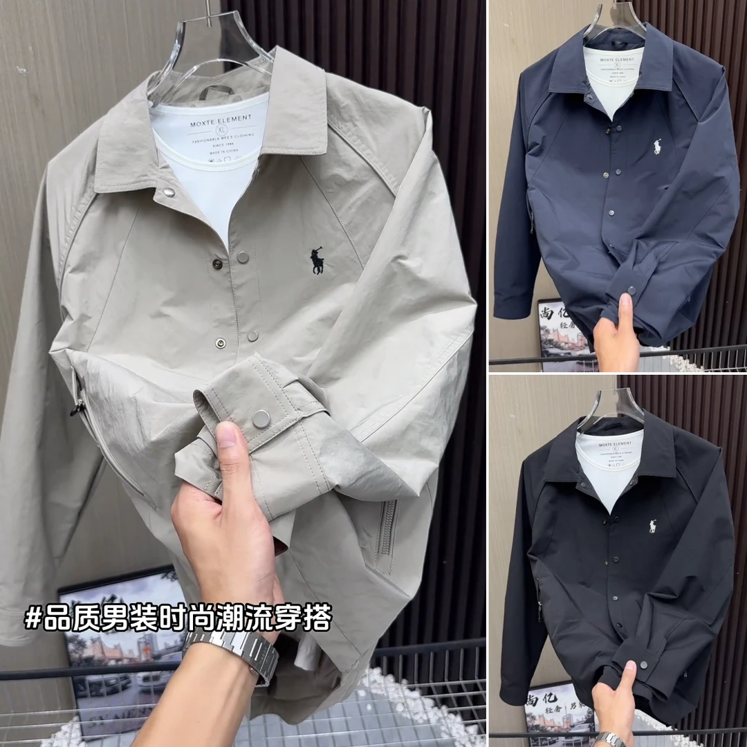 2025年秋季新款简约纯色轻奢时尚户外防风夹克翻领刺绣衬衫式外套