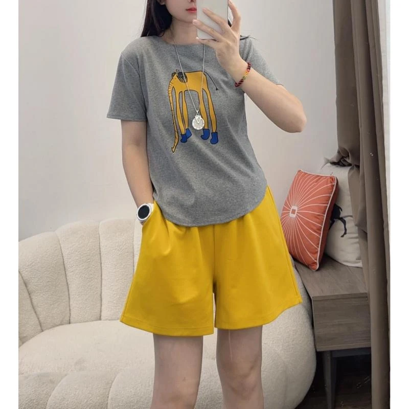 2025夏新款卡通t恤女显瘦长鼻子大象印花短袖短裤套装DYY2793