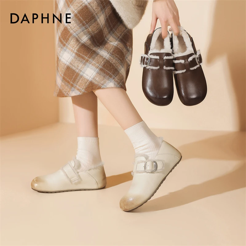 达芙妮2024舒适时尚百搭软底加绒保暖秋冬法式英伦风季圆头雪地靴