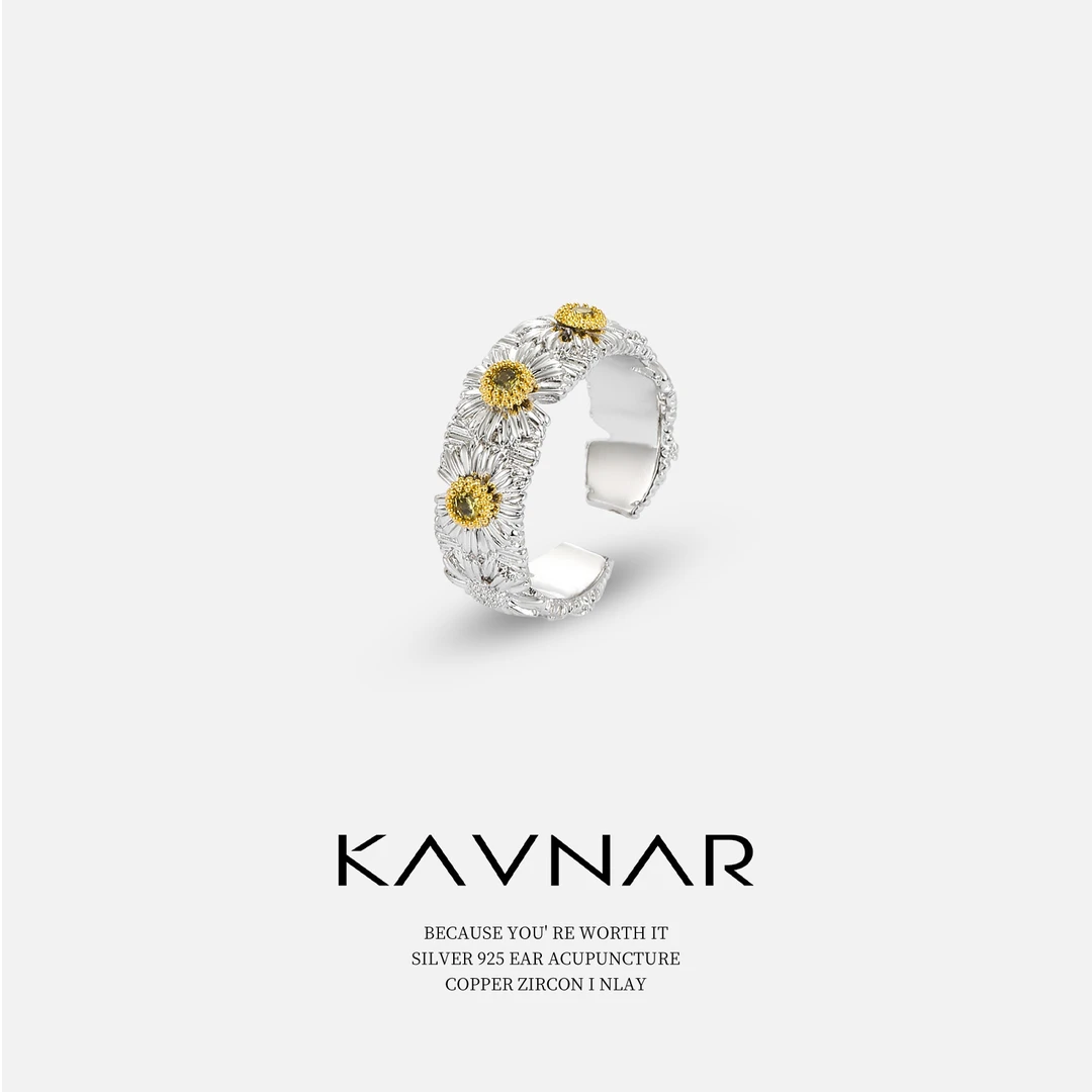 铜合金锆石戒指 卡芙娜森系小清新小雏菊可调节开口指环不掉色戒