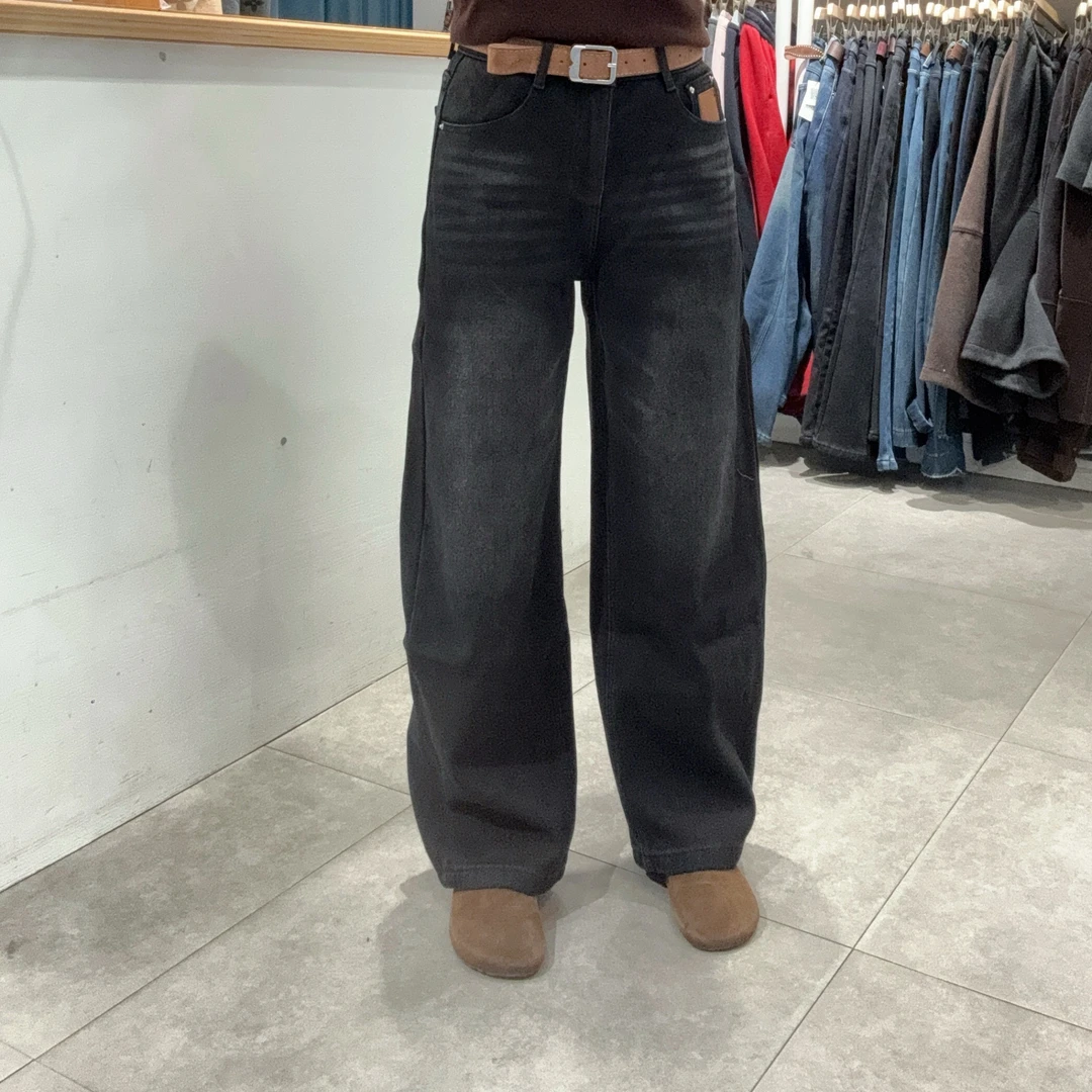 冬莉家精品黑灰色复古牛仔弯刀裤（加厚绒）