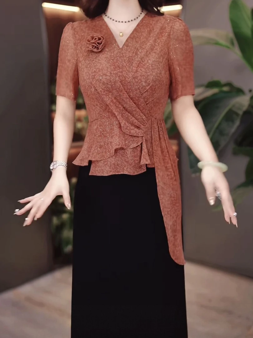 高级水晶琉璃丝花朵时尚假俩件礼服裙2025夏季新款中年妈妈连衣裙