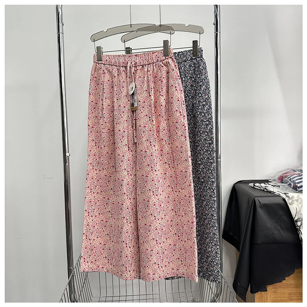 K162      夏季新款女士休闲百搭松紧腰碎花阔腿直筒休闲裤女