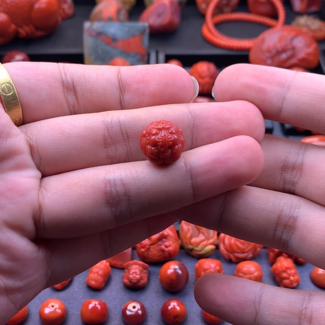 南红玛瑙未镶嵌精工雕刻满色满肉象神圆珠单珠13.8mm