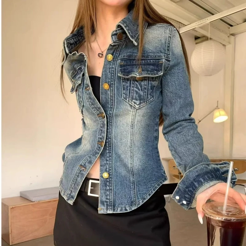 美式复古辣妹蓝色牛仔外套春秋新款修身显瘦纯欲风polo领牛仔衬衫
