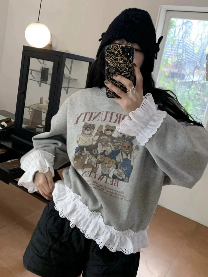 루루가− （小熊派对）韩国东大门韩版卡通印花蕾丝边加绒加厚上衣