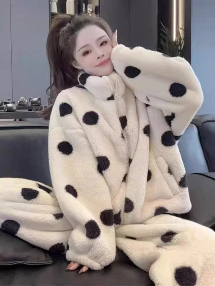 【波点家居服】法式珊瑚绒睡衣女冬季新款加厚保暖高领长袖长裤