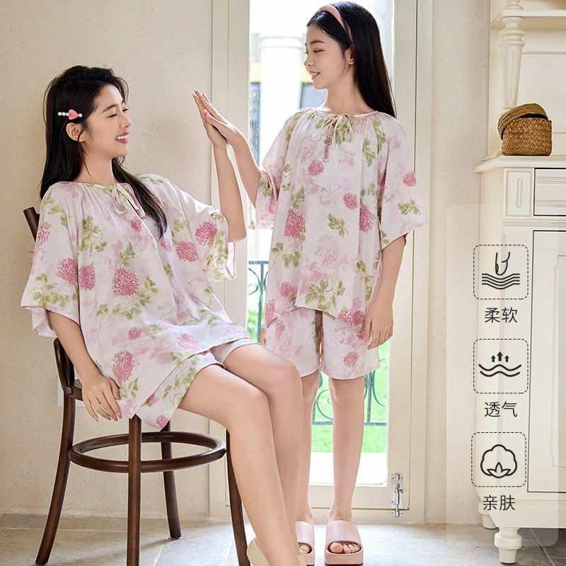 女童睡衣亲子装棉绸印花家居服套装儿童夏季短袖短裤薄款空调服