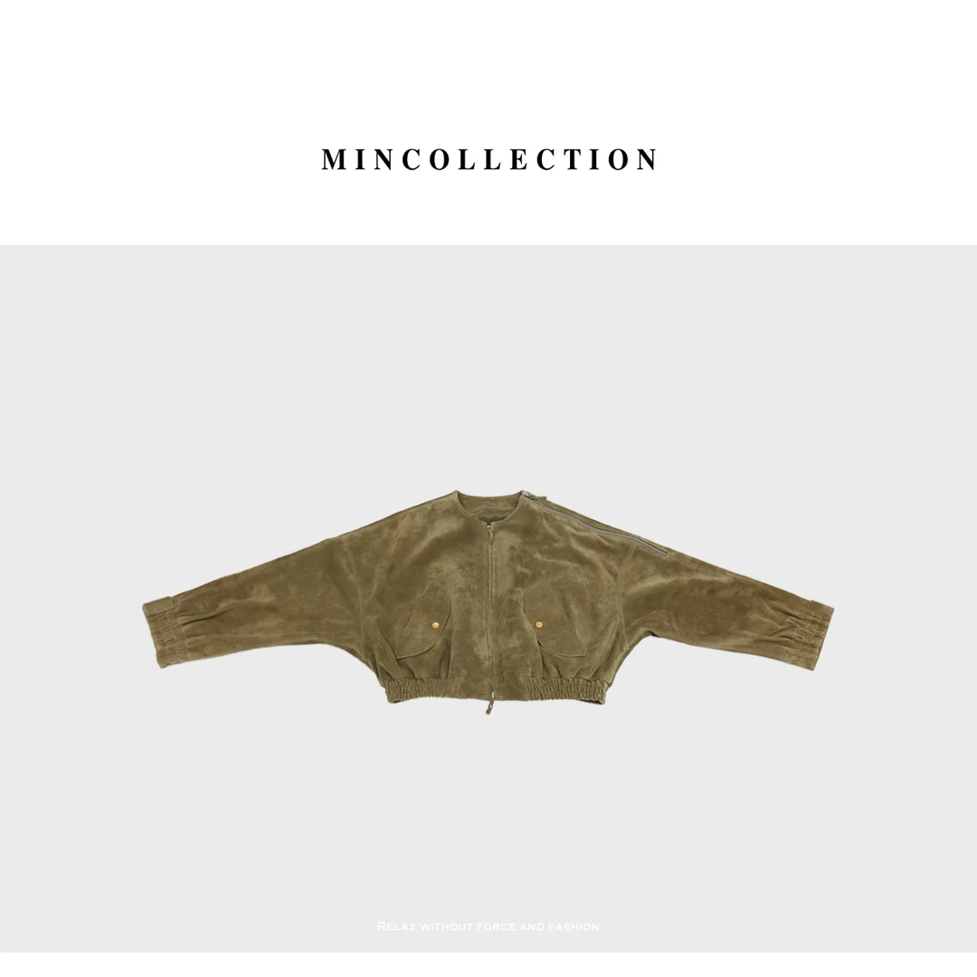 DE Mincollection反绒绿皮衣/巴恩风做旧真皮夹克蝙蝠袖皮衣外套