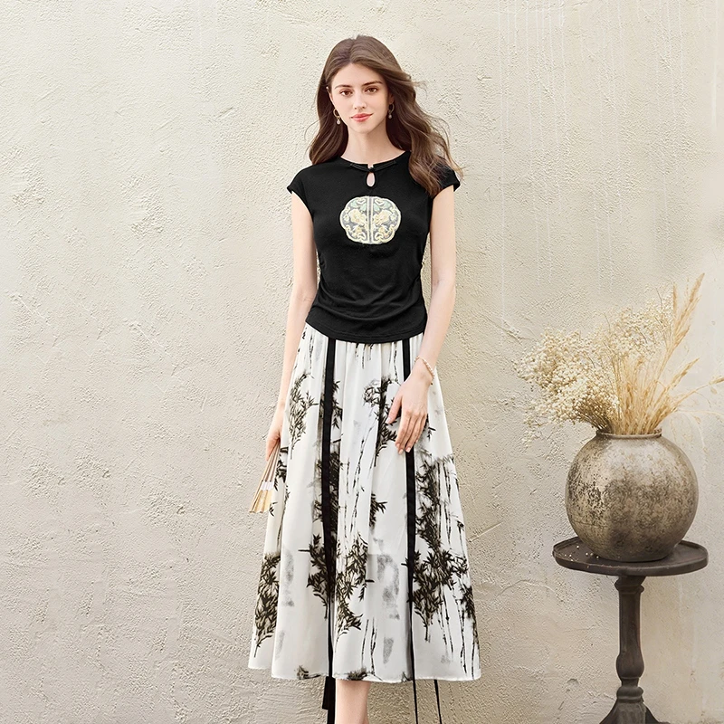 她池2025夏季新款女装上衣搭松紧腰半身裙新中式套装T52B1839NB