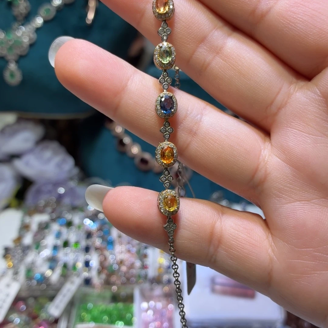 彩色蓝宝石手链银S925镶嵌