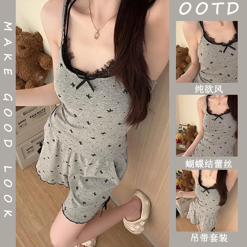 灰色带胸垫蕾丝花边蝴蝶结吊带睡衣女夏季新款修身显瘦家居服套装