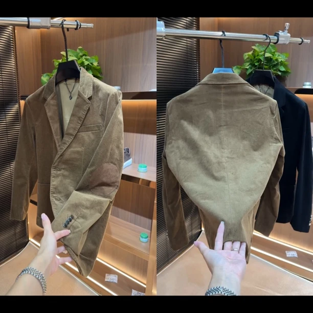 秋季轻奢男士竖条绒修身百搭西服8116