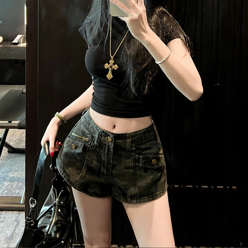 美式辣妹迷彩工装牛仔短裤女秋季薄款2025新款高腰显瘦a字热裤