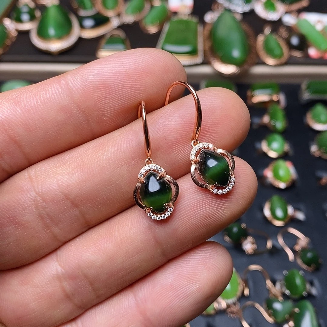 和田玉（碧玉）耳饰银S925镶嵌