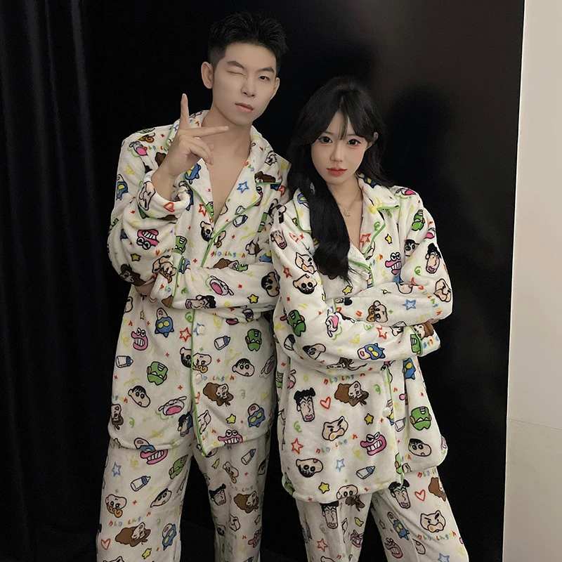 情侣睡衣女秋冬季蜡笔小新卡通可爱男士珊瑚绒加厚冬天家居服套装