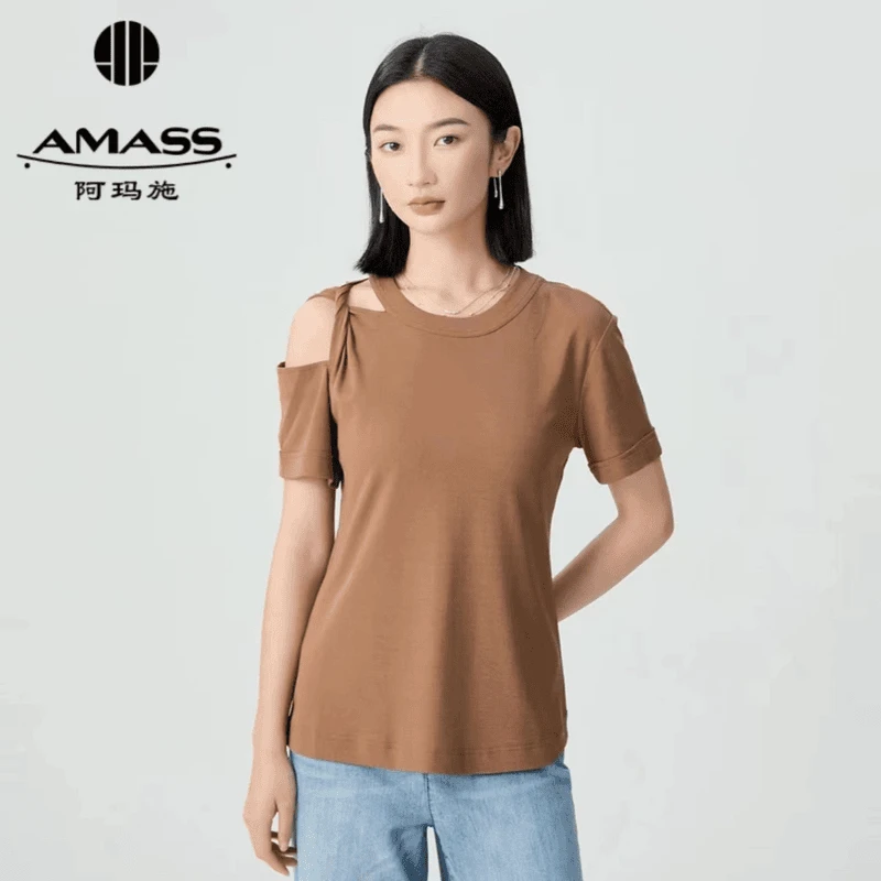 阿玛施AMASS春夏新独特造型漏肩款简约素面时尚短袖T恤女5301007