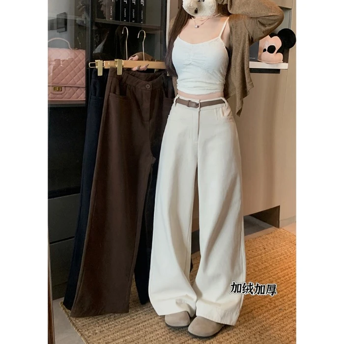 加绒加厚杏色休闲裤女秋冬小个子阔腿裤百搭高腰拖地裤子直筒长裤