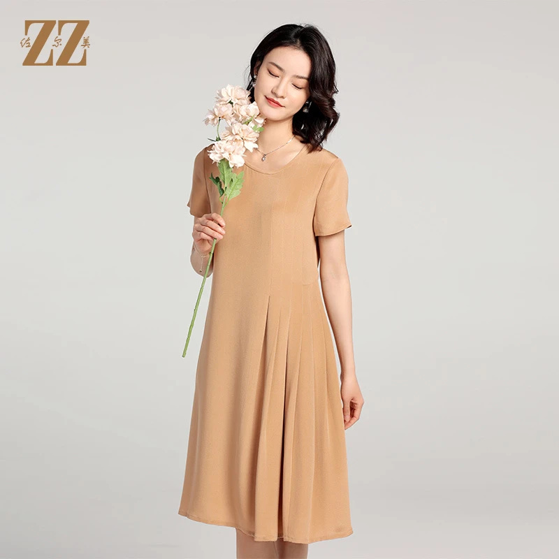 夏季经营新款100%桑蚕丝真丝时尚气质短袖连衣裙中长款裙子女圆领