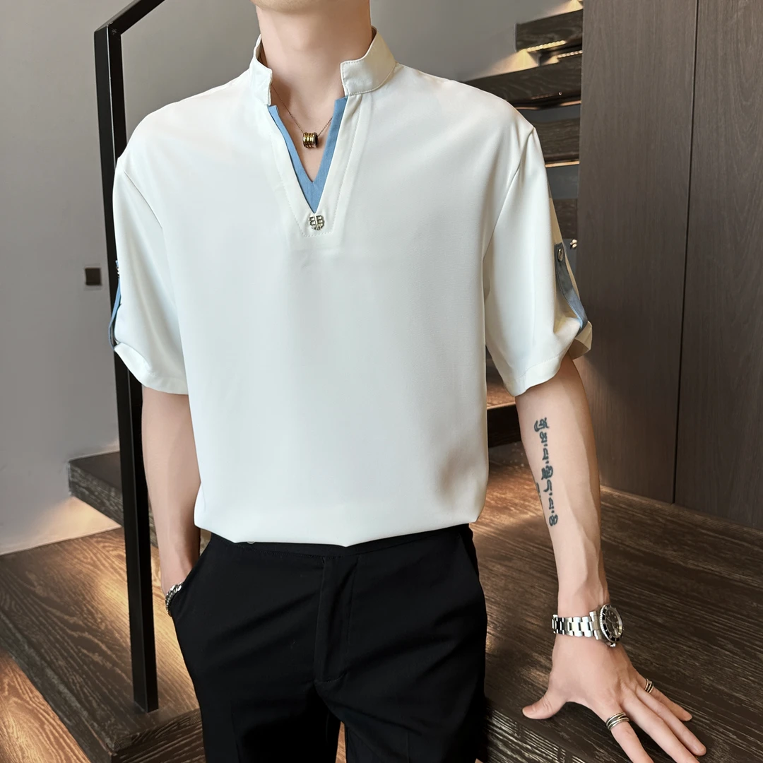 潮牌设计感假两件撞色立领短袖衬衫男2025新款夏装休闲V领衬衣潮