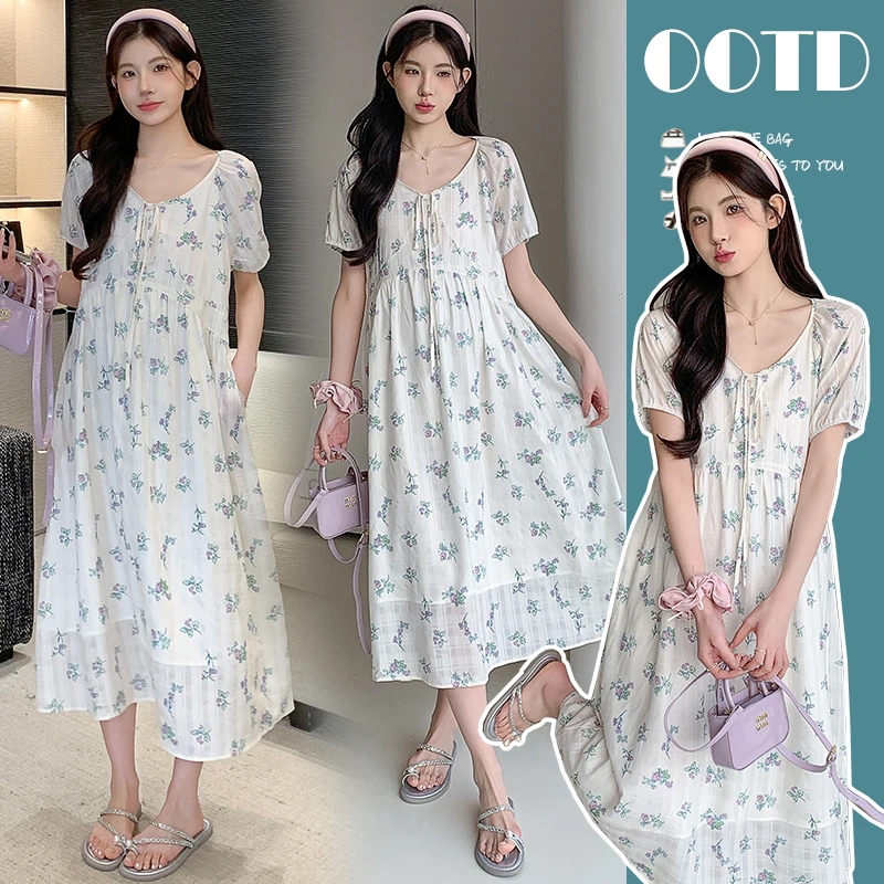 【周周】孕妇夏季宽松显瘦碎花系带中长款气质连衣裙时尚辣妈必备