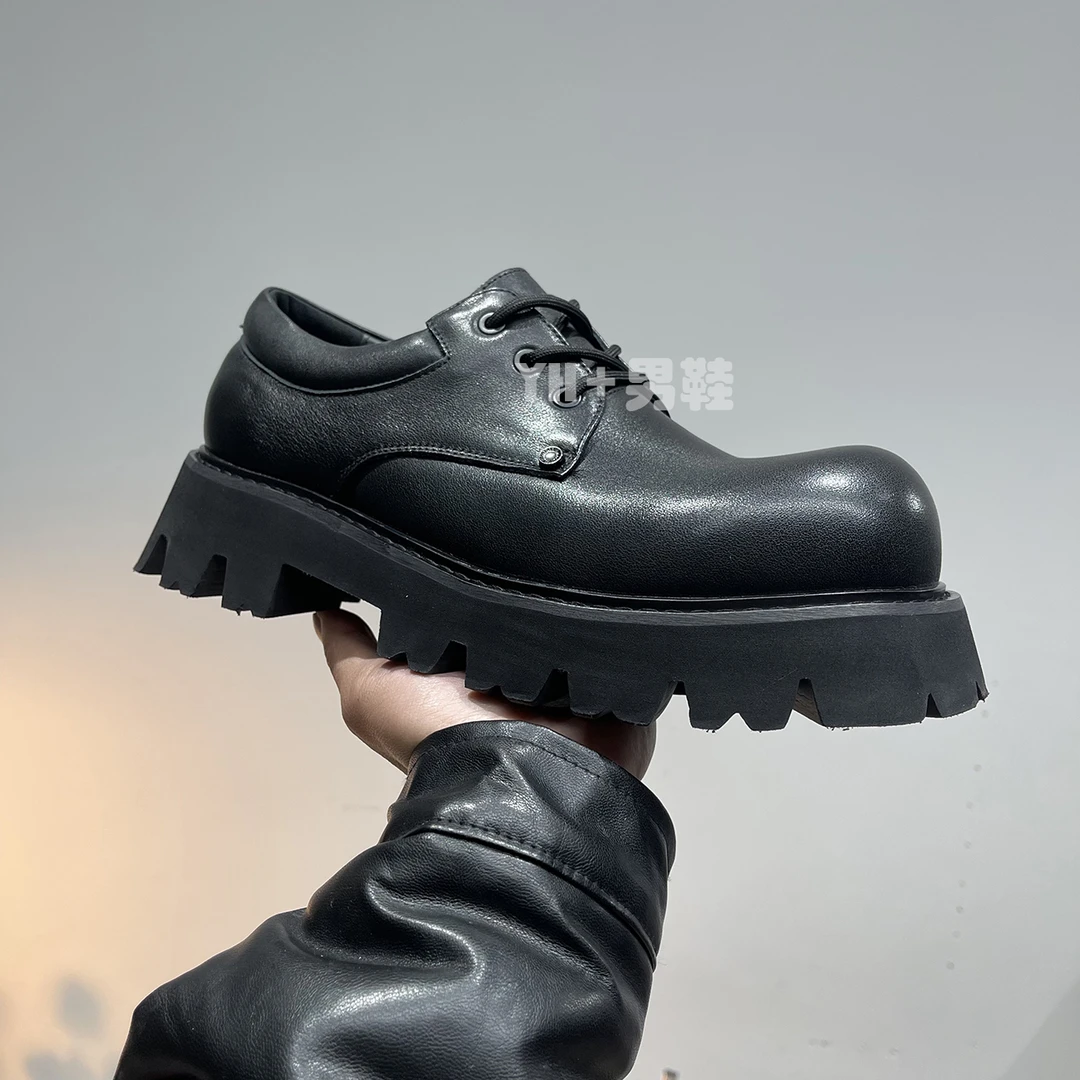 26632增高5cm头层休闲皮鞋男黑色厚底圆头系带四季可穿百搭纯色