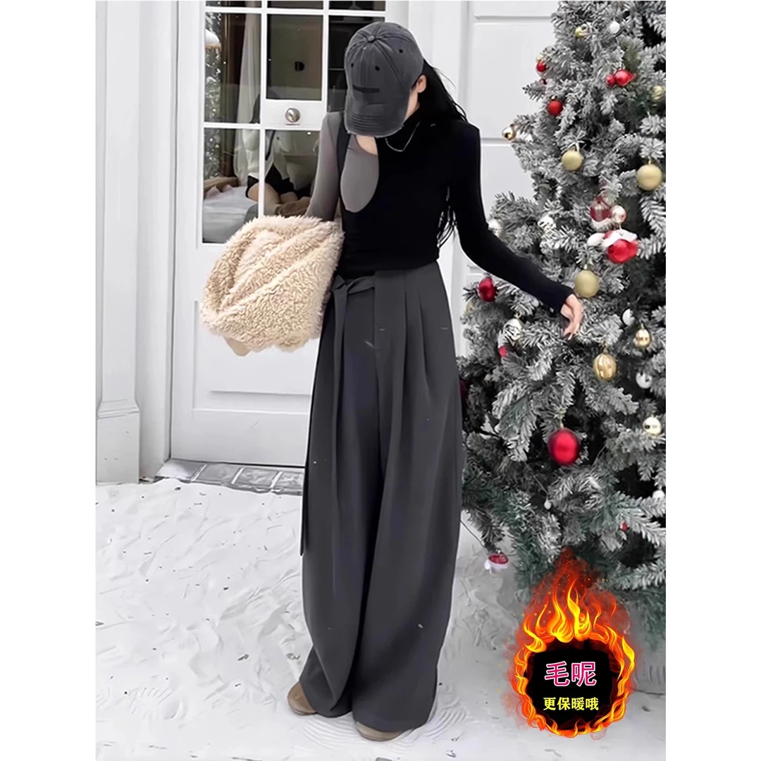 高级感灰色毛呢裤阔腿裤女秋冬新款大码宽松高腰垂感系带休闲裤子