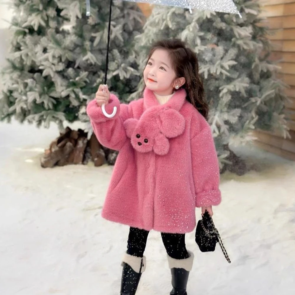 女童水貂围巾领毛毛大衣洋气公主风仿皮毛一体加厚棉服女宝外套