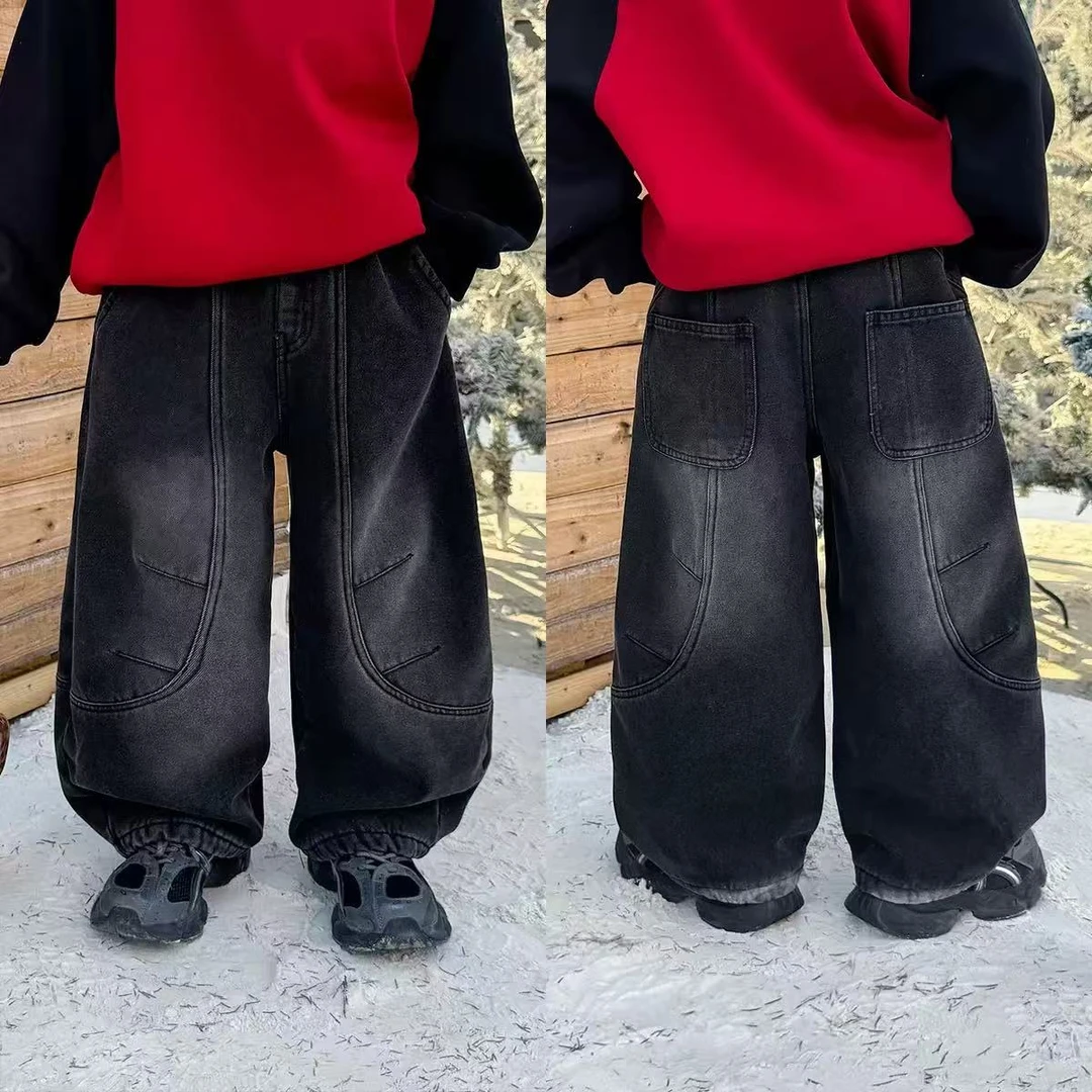 儿童砂洗做旧休闲长裤加绒牛仔裤潮