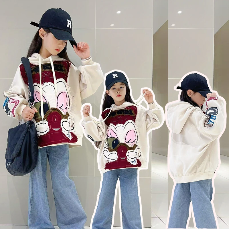 女童中大童休闲宽松春季连帽卫衣2025新款卡通休闲印花运动风上衣